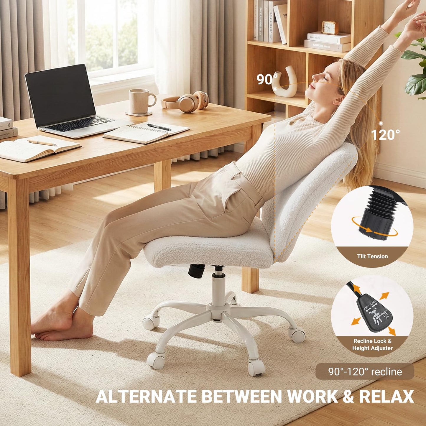 KRAMZMING Vanity Chair with Wheels, Armless Office Chair Height Adjustable, Cute Desk Chair with Soft Lumbar Support for Small Space, Bedroom, Make-up Room, White