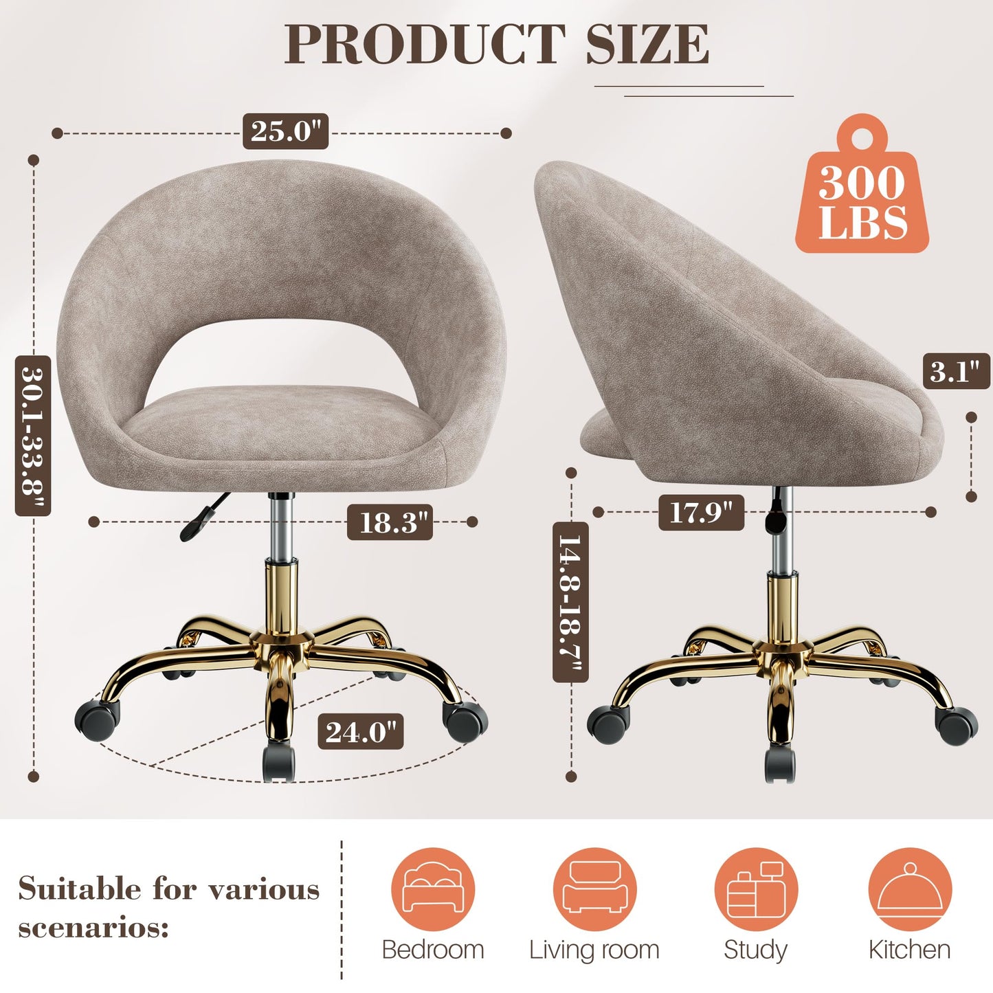 BestEra Vanity Chair with Wheels, Waterproof Modern Makeup Vanity Chairs with Back Adjustable Height, Comfy Cute Home Office Desk Chairs for Bedroom, Living Room (Khaki)