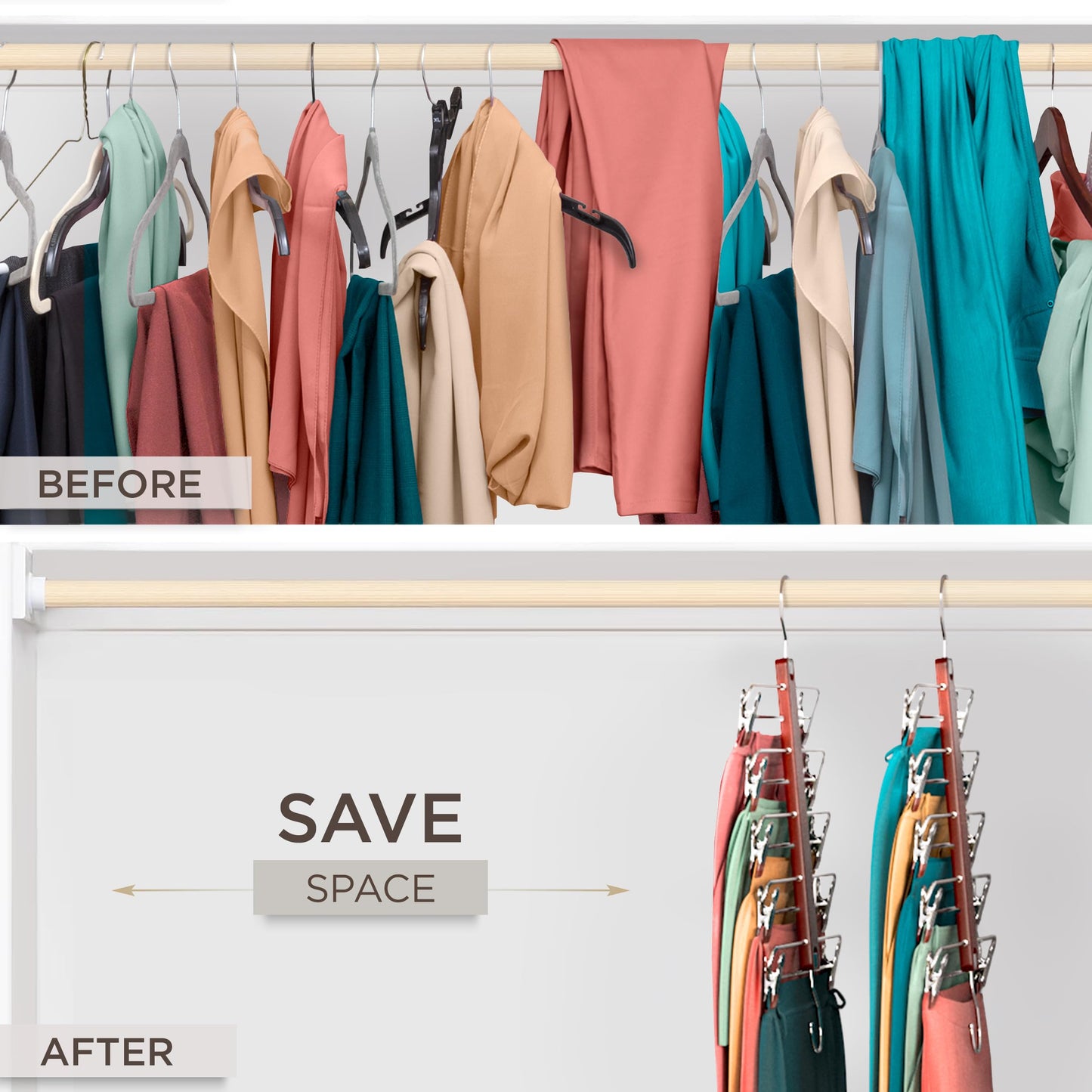 MORALVE Skirt Hangers Space Saving with Clips - 2 Pack - European Beechwood 5-Tier Hanger for Shorts, Skirts, and Pants - Closet Organizer and Storage Solution for Women with 360° Swivel Hook