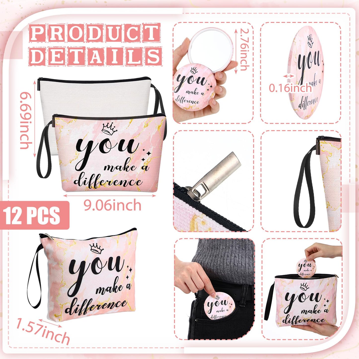 Xuniea 24 Pcs Employee Appreciation Gifts for Women 12 Motivation Canvas Makeup Bags 12 Pocket Mirror Inspirational Thank You Gifts for Teacher Mother's Day Nurse Team(Make A Difference)