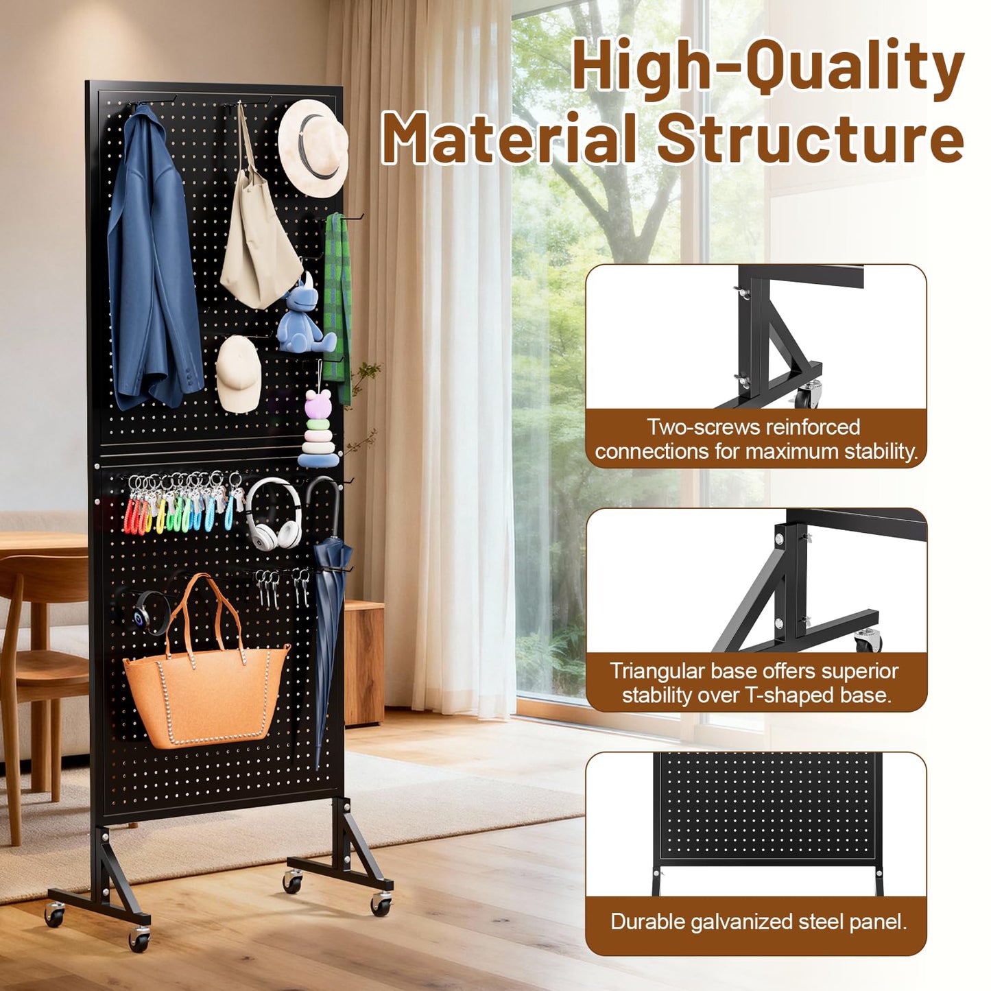 UEAKPIC Metal Pegboard Display Stand 66" x 24”, Pegboard Shelf with 30 Hooks, 4 Wheels and 4 Leveling Feet, Peg Board Panels Display Rack for Retail Store, Craft Show, Garage, Jewelry Organizer, Black