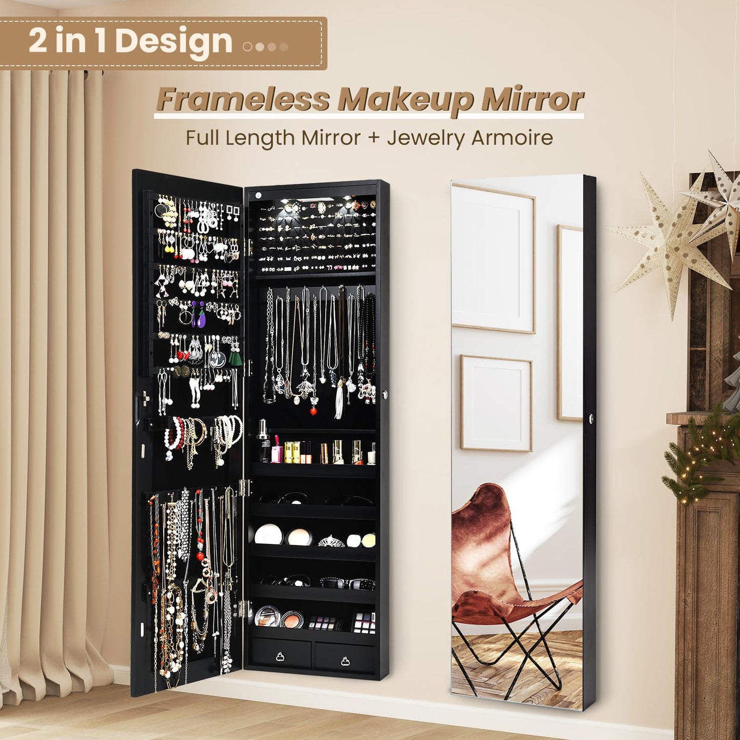 NAFORT 2 LEDs Jewelry Armoire with Full Length Mirror, 47.5" H Wall or Door Mounted Jewelry Cabinet with 2 Drawers, Lockable Jewelry Organizers and Storage, Hanging Jewelry Organizer, Black