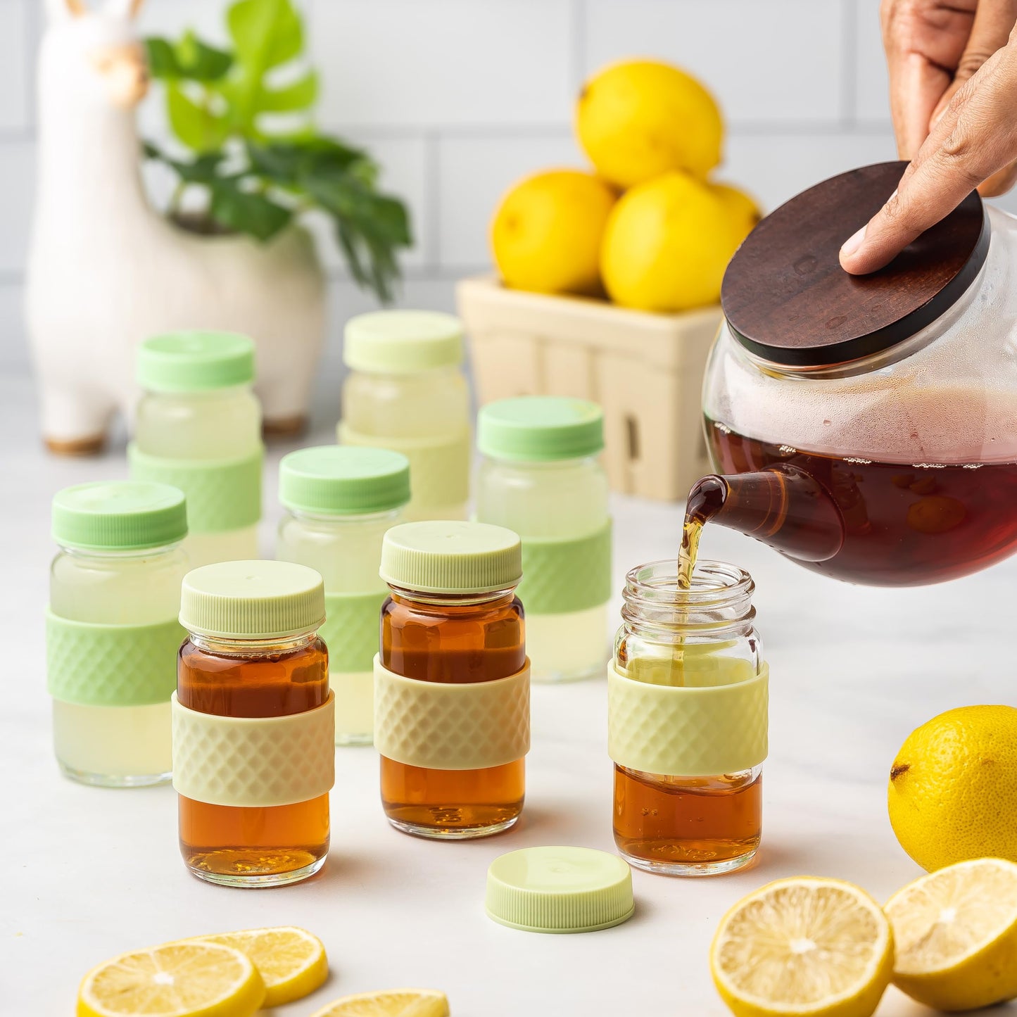 Glass Juice Shot Bottles with Caps, Clear, 2oz, Colored Lids & Silicone Grip Bands, Beverage Storage, Juicing, Turmeric & Ginger Shot Bottles