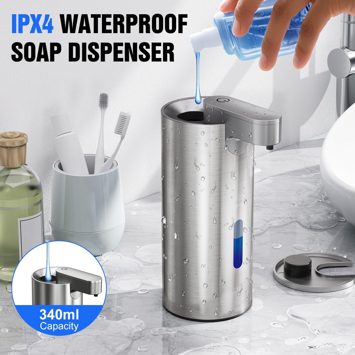 Fantictas Automatic Soap Dispenser Touchless, Stainless Steel 11.5 oz Liquid Hand Soap Dispenser, USB-C Rechargeable Sensor Pump with 3 Adjustable Levels for Kitchen & Bathroom