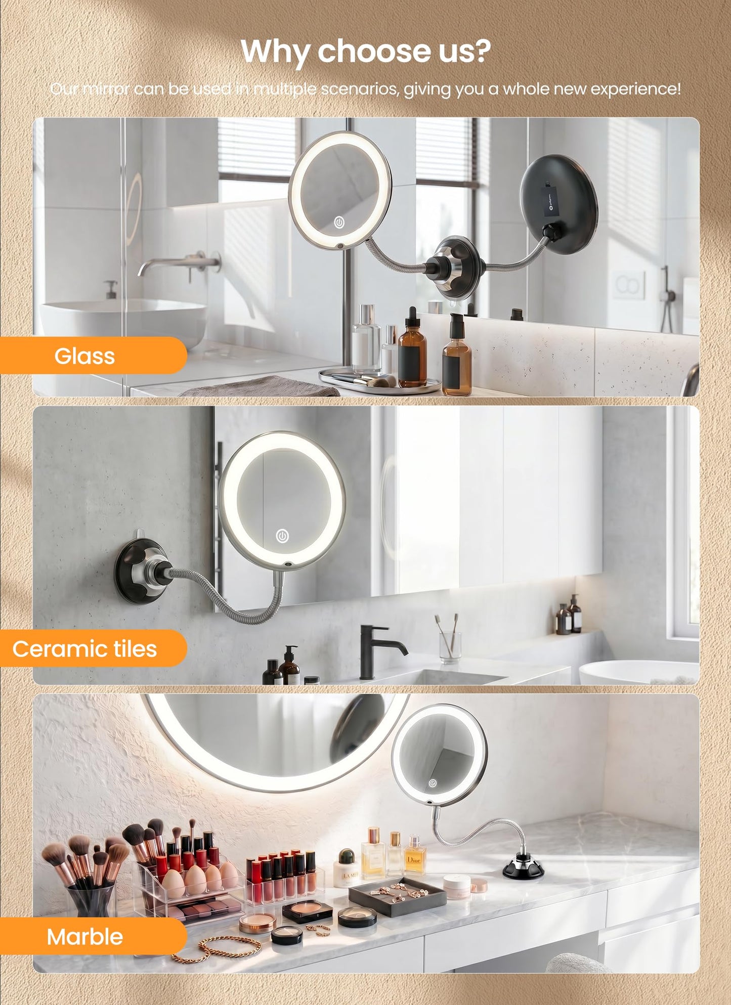 Brightown 10x Makeup Mirror with Lights and Magnification,Flexible Gooseneck Magnifying Mirror with 3 Lighting and Adjustable Brightness,Battery Operated with Suction Cup for Bathroom Bedroom, Black