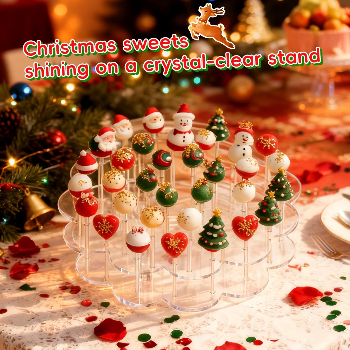 Flower Shape Acrylic Lollipop Stand 36 Holes, Cake Pop Holder with 100 Sticks, 100 Wrappers, 100 Gold Twist Ties, Clear Candy Dessert Display Rack for Christmas Weddings, Birthdays, Baby Showers