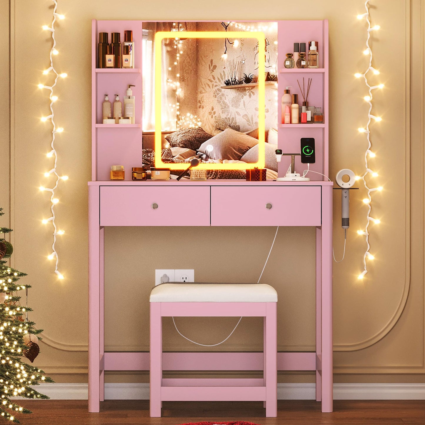 ProsperHaven Vanity Desk with Mirror and LED Lights, Small Makeup Vanity Table Set with Drawers and Chair, Dressing Table with Power Outlet for Girls Bedroom, Pink