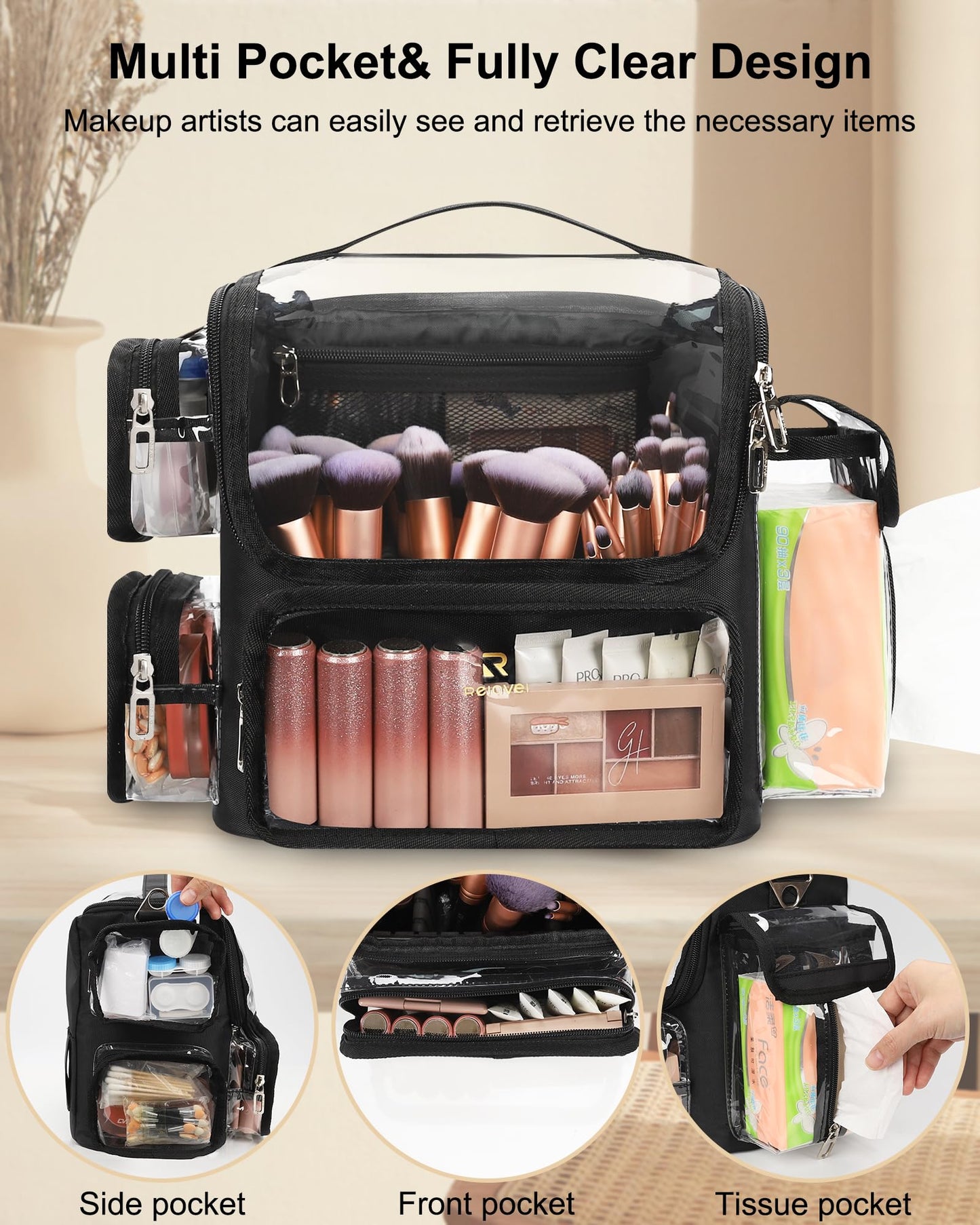 TANTO Makeup Brush Bag & Makeup Brushes Holder, Clear Large Cosmetic Case Professional Makeup Artist Bag Portable Travel Organizer with Adjustable Dividers and Shoulder Strap (Black,Large)