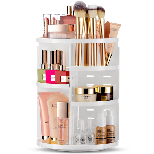 Masirs 360 Rotating Makeup Organizer for Vanity, Adjustable Shelf Height, Large Capacity Cosmetic and Skincare Storage, Lazy Susan Perfume Organizer for Dresser, Bathroom Countertop, White