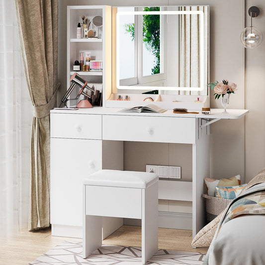 Haewon White Vanity Desk with Mirror and Lights, Makeup Vanity with Charging Station and 3 Lighting Modes, Dressing Table Set with Storage Cabinet, Drawers and Chair for Girls Bedroom