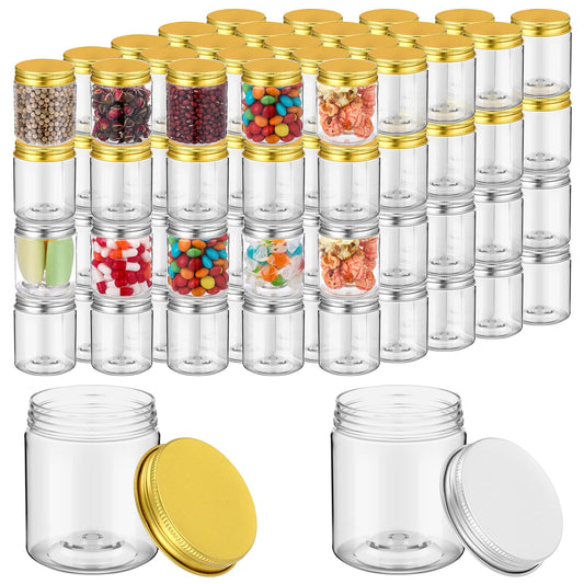Meanplan 100 Pcs 4 oz Plastic Jars with Lid Mini Mason Jars with Lids Clear Round Cosmetic Container for Travel Storage, Lotion, Cream, Kitchen Use, DIY Crafts(Gold, Silver, Aluminum)