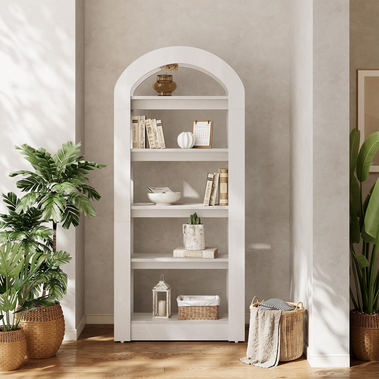 LITTLE TREE 5-Tier Bookshelf, Arch-Shaped Racks, Tall Standing Wooden Bookcase Display Shelf Modern Storage Solution, White