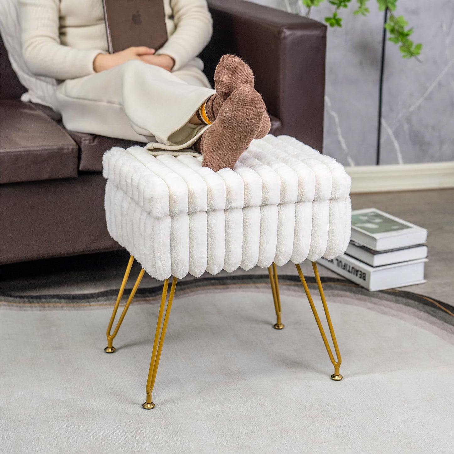 xuperbonus Faux Fur White Vanity Stool Chair with Storage Ottoman, Vanity Chair for Makeup Room, Vanity Stools for Bedroom, Footrest with Metal Legs and as a Coffee Table, White