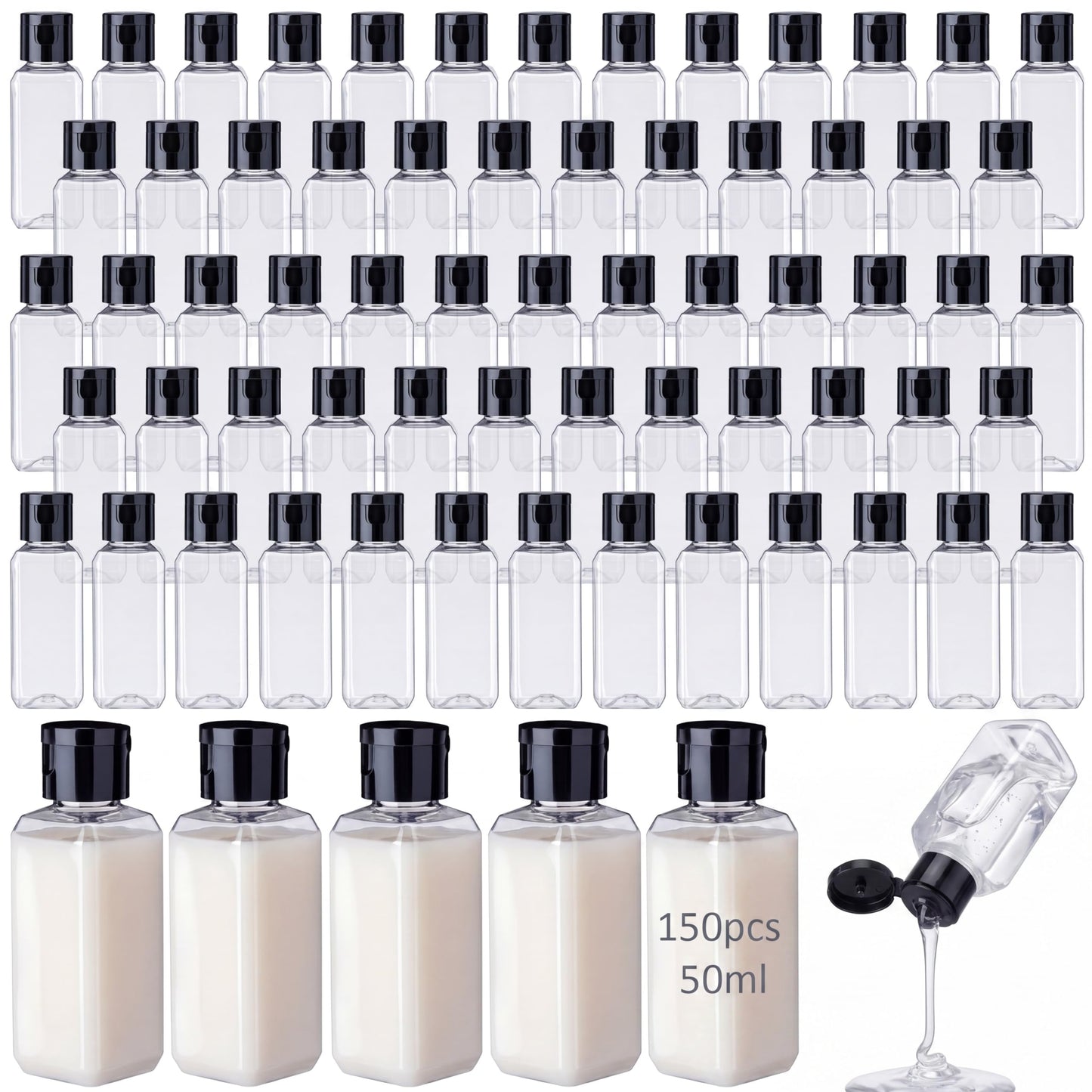 Mimorou 150 Pcs 2oz Travel Bottles Bulk Square Bottle for Toiletries Clear Small Travel Size Bottles Bulk Refillable Empty Containers for Shampoo Lotion Liquid Body Soap Cream Toiletries