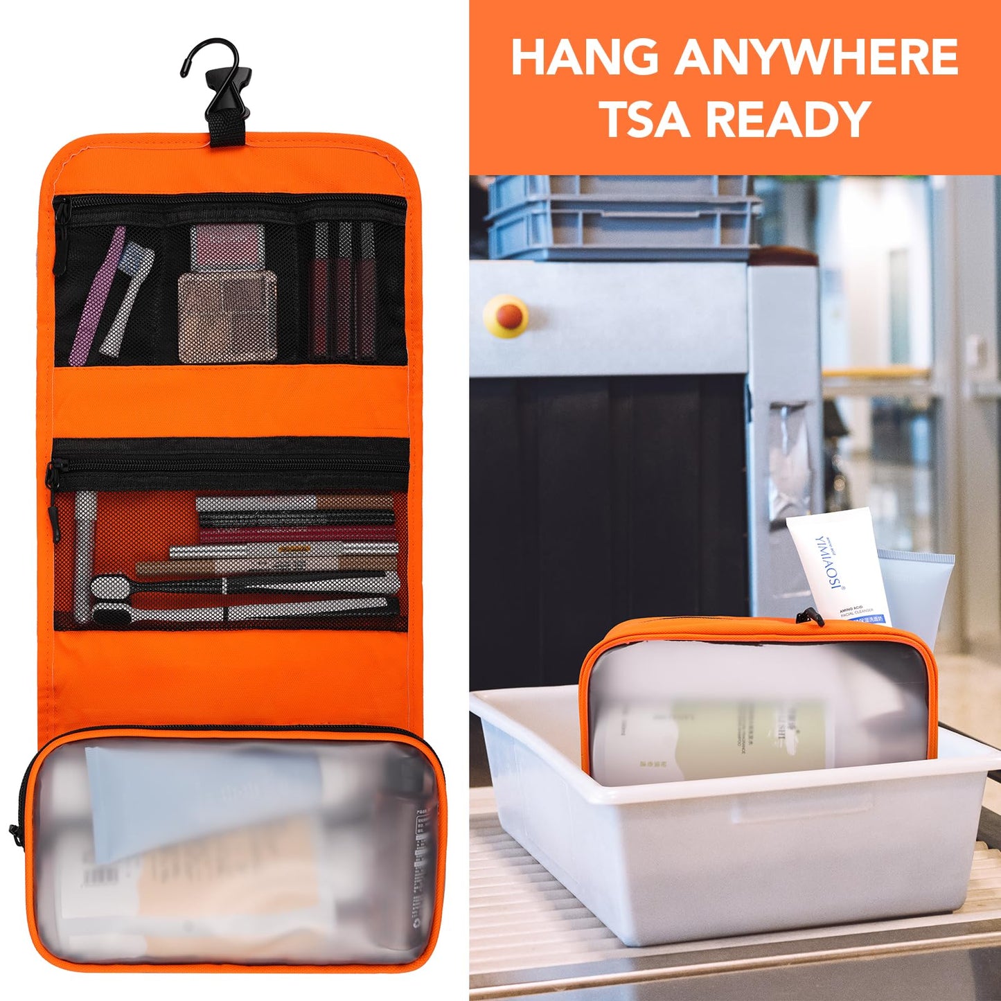 Idcymoul Travel Toiletry Bag Set for Women, Compact Size 5-Piece Hanging Organizer Kit with TSA Approved Cosmetic Bag, Jewelry Case & Cable Pouch, Waterproof Makeup Bag for Travel Essentials - Orange