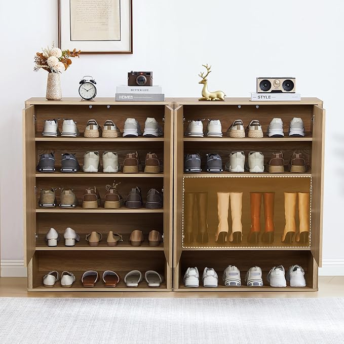 Tall and Large Shoe Storage Cabinet Set of 2 with Doors and Adjustable Shelves, 5-Tier Modern Shoe Rack Cabinet Storage for Entryway, Entrance, Hallway, Foyer/Kitchen Sideboard - Natural