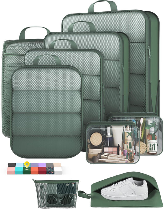 Veken 9/11 Set Compression Packing Cubes for Travel Essentials,Compressible Expandable Large Luggage Suitcase Organizer Bags for Clothing,Space Saver Bags with Over 1000 pcs of Mesh Holes(Dark Green)
