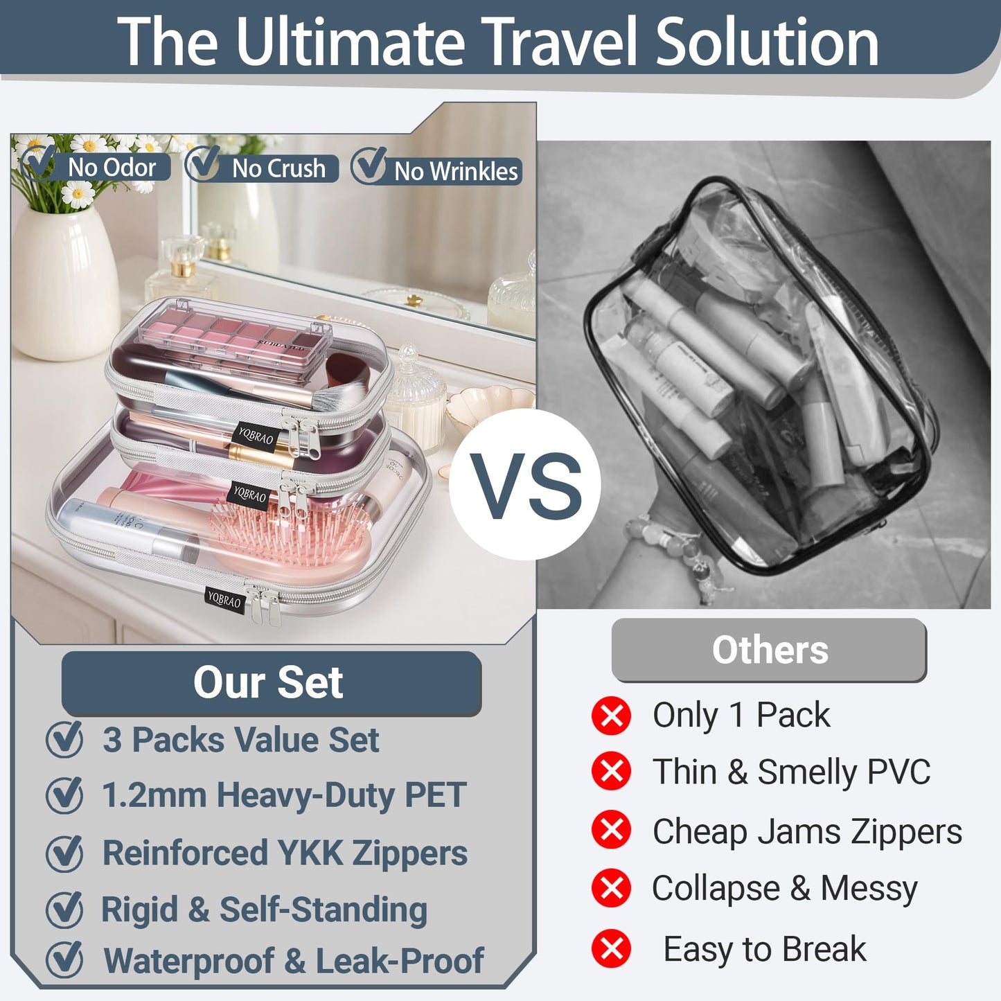 YQBRAO 3-Pack Clear Hard Shell Zipper Case - Grey Edition, 1.2mm Heavy-Duty Crush-Proof Travel Makeup Bag, TSA Approved Clear Zipper Pouches, Rigid Diaper Bag Organizer for Tech & Daily Essentials