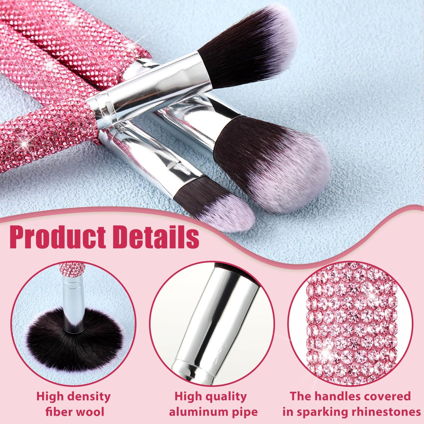 Nuogo Pink 13 Pcs Rhinestone Makeup Brushes Set 12 Bling Crystal Professional Face Cosmetics Blending Liquid Foundation Powder Concealer Eye Shadows Make up Beauty Tool Glitter with 1 Holder