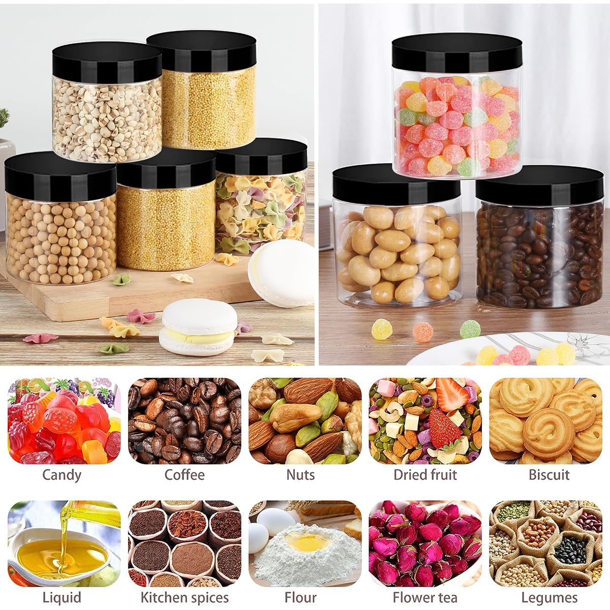 LOSYHU 20 Oz Round Plastic PET Storage Jars Clear Plastic Jars With Lids 12 Pack Refillable Storage Jar for Storing Dry Food, Spice, Cookie, Nuts, Kitchen Food