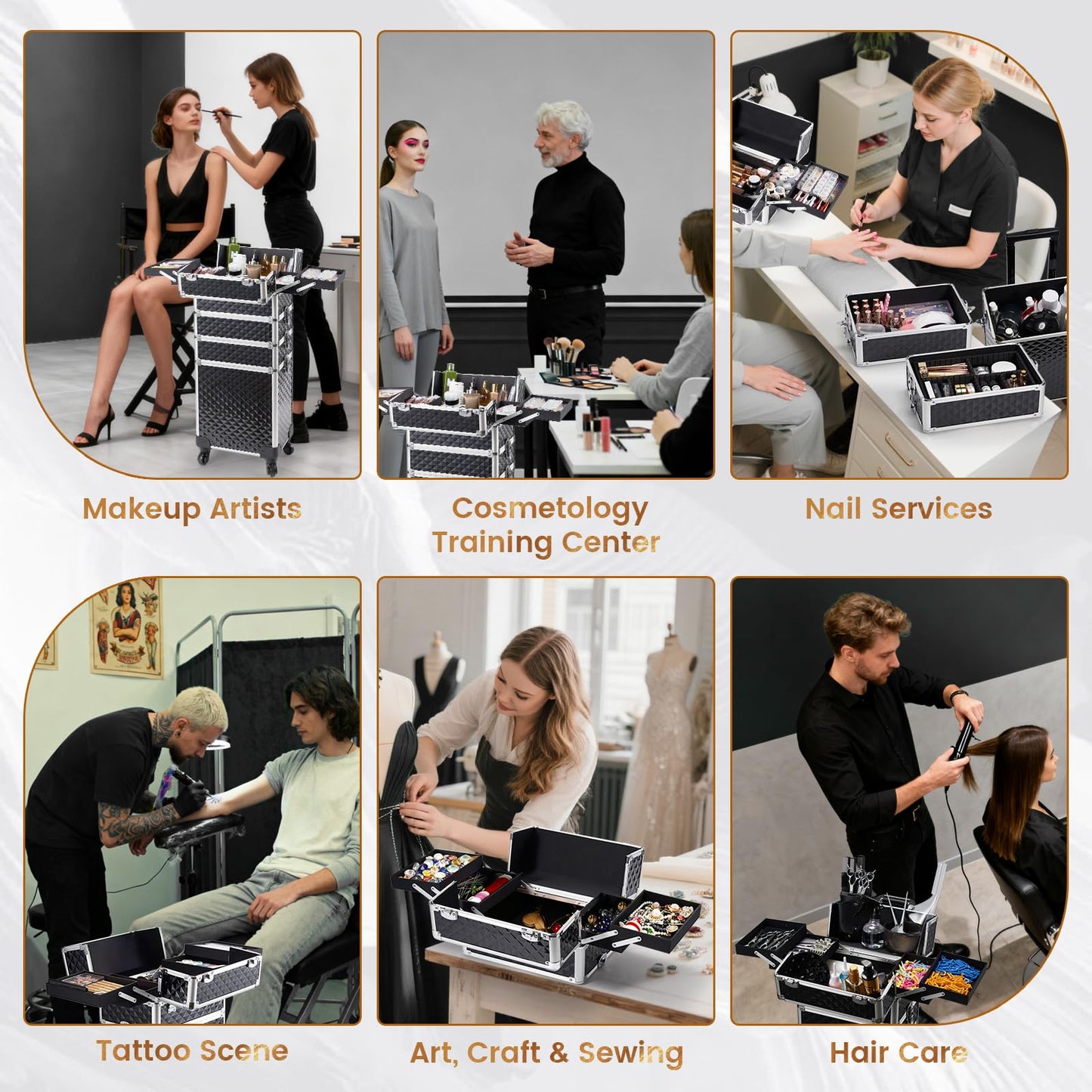Stagiant Rolling Makeup Case Cosmetology Case on Wheels 4 in 1 Large Cosmetic Organizer Train Case Makeup Travel Case with Key Swivel Wheels Nail Artist Salon Storage Traveling Cart Trunk Black