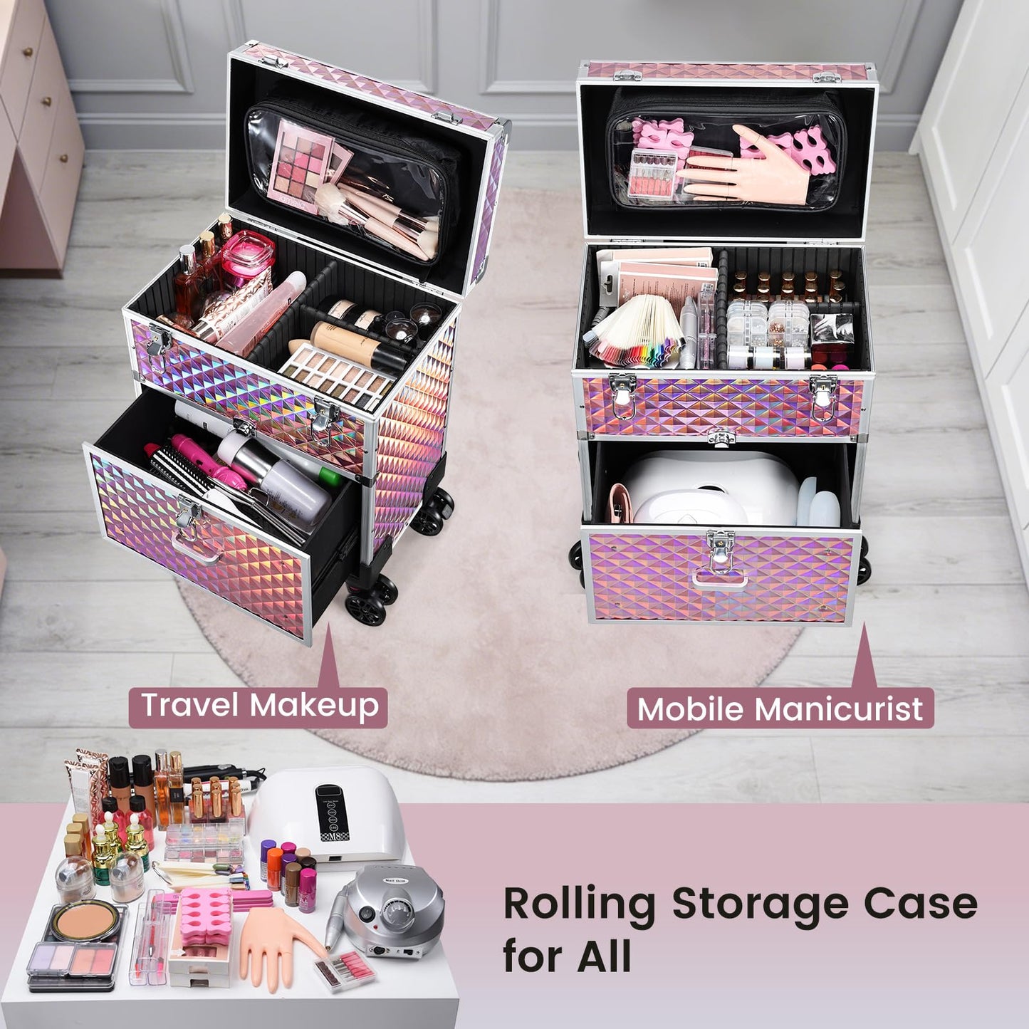Adazzo Professional Rolling Makeup Case with Drawer for Makeup Artists Cosmetic Train Case Large Storage Case for Nail Technicians Cosmetology Case with Detachable Bag for Hairstylist Pink