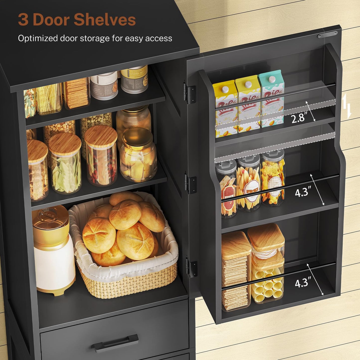 TEENFON Tall Storage Cabinet with 3 Door Shelves & 1 Drawer, Narrow Kitchen Pantry Cabinet for Living Room, Bathroom, Entryway, Black
