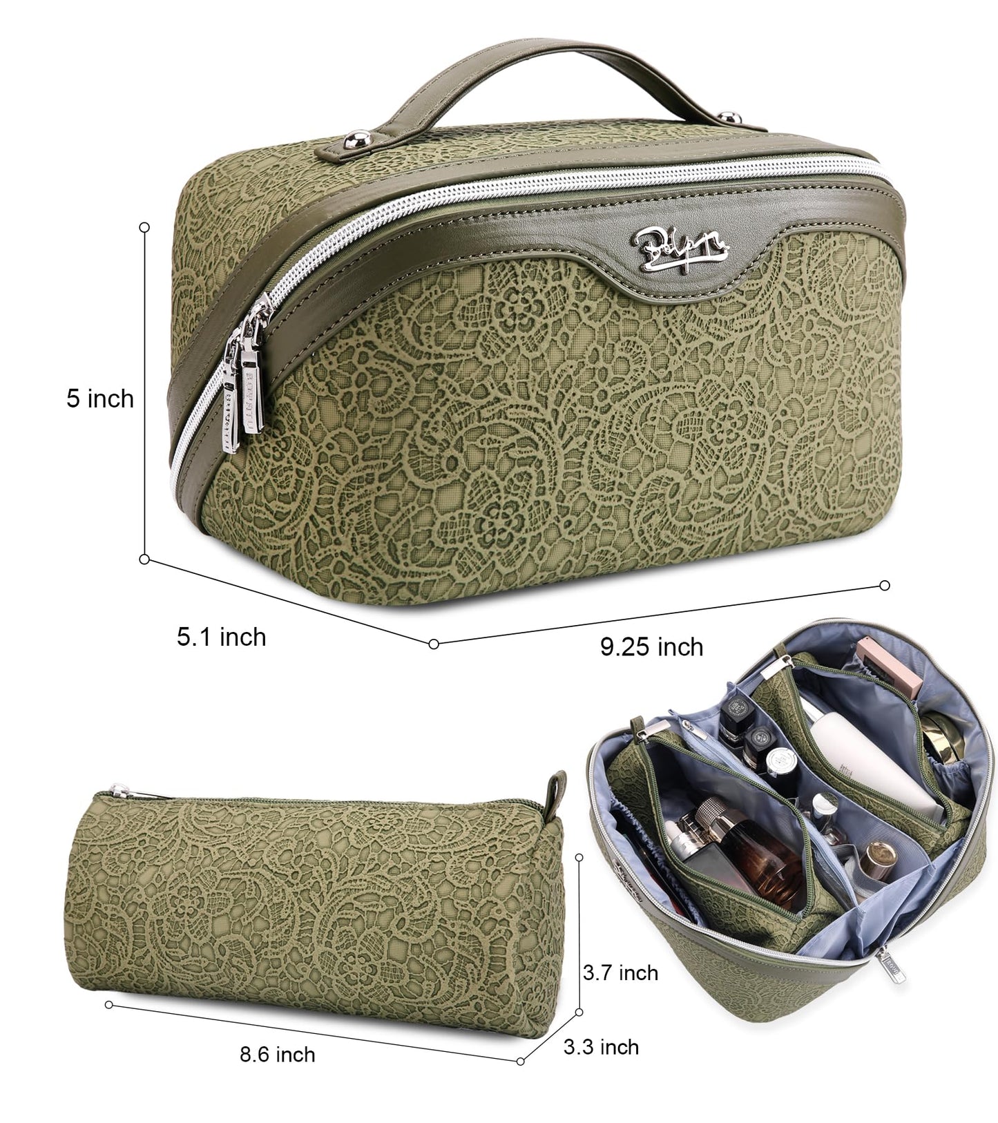 BOYATU Travel Makeup Bags Cosmetic Organizer Bag: 3 Pcs Set Large Capacity Make up Bag with Compartments - Waterproof Leather Toiletry Bags with Handle for Women (A-Green)