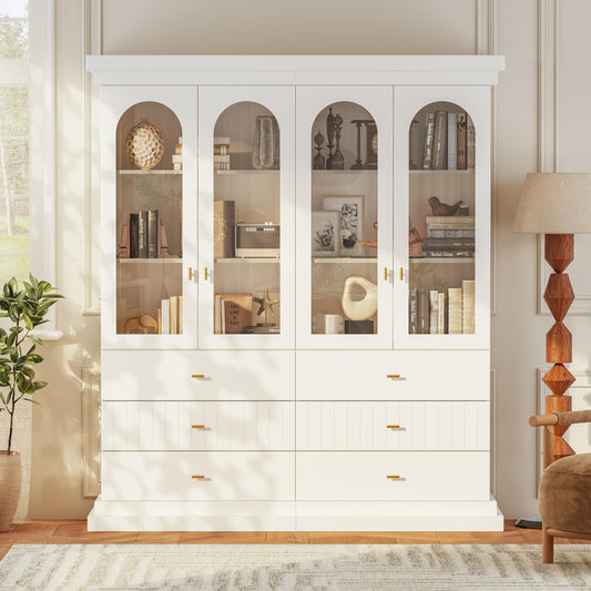 Vyre 71" Modern Tall Bookcase and Bookshelf, Triple Glass Door Display and Storage Cabinets with Drawers for Study or Home Office, White with Gold Handles, 2 of Set