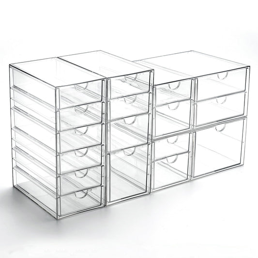 Prsildan Acrylic Drawer Organizer with 17 Drawers, Craft Office Desk Makeup Organizers Accessories, Set of 4 Clear Stackable Storage Drawers for Vanity, Countertop, Jewelry, Art Supply Organization