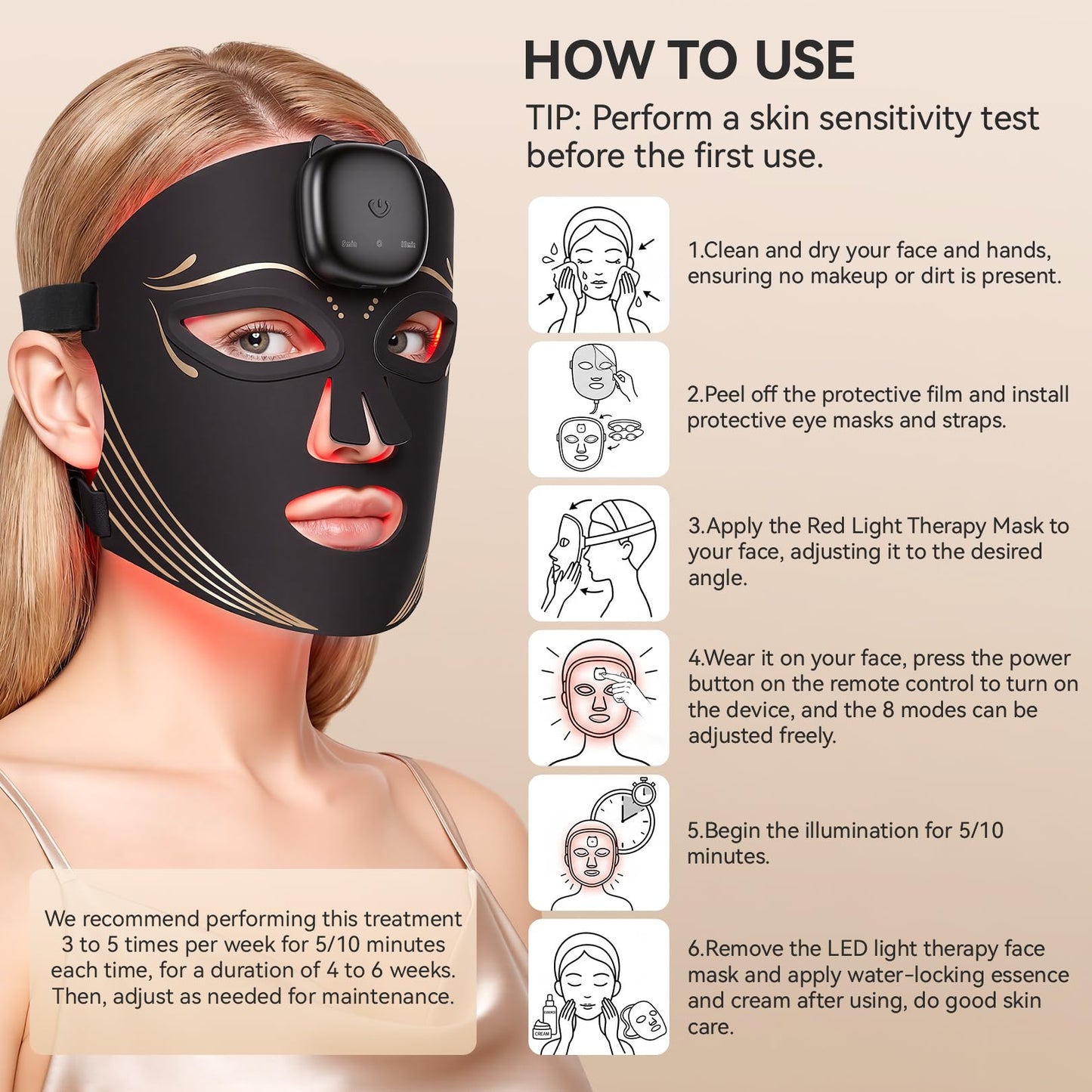 Gurtema Red Light Therapy Mask for Face – 8 Light Modes with 850nm NIR, Red & Blue LED Light Therapy etc., 1000mAh Rechargeable LED Face Mask for Radiant Glow at Home