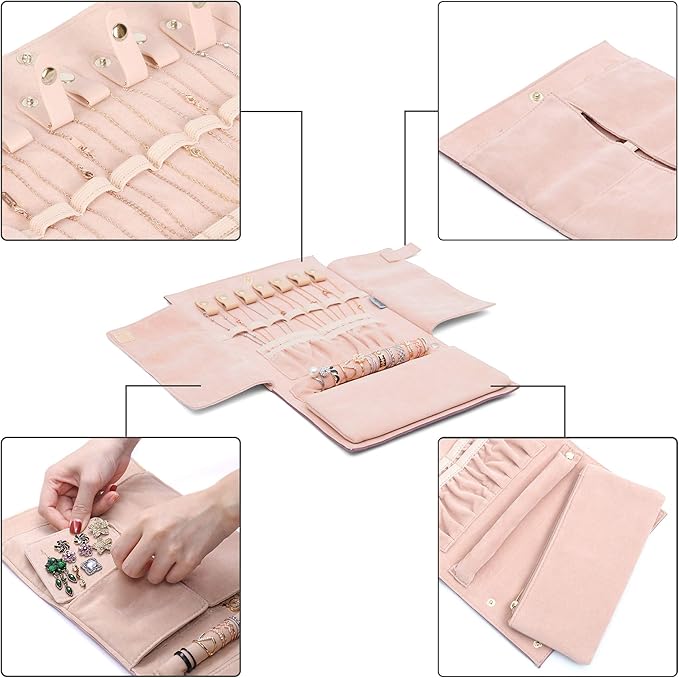 Becko US Jewelry Organizer Roll Travel Jewel Bag case for Multiple Necklaces, Rings, Bracelets, Supple Leather & Suede, Large Capacity Without Crease, Lightweight, Portable & Practical (Pink)