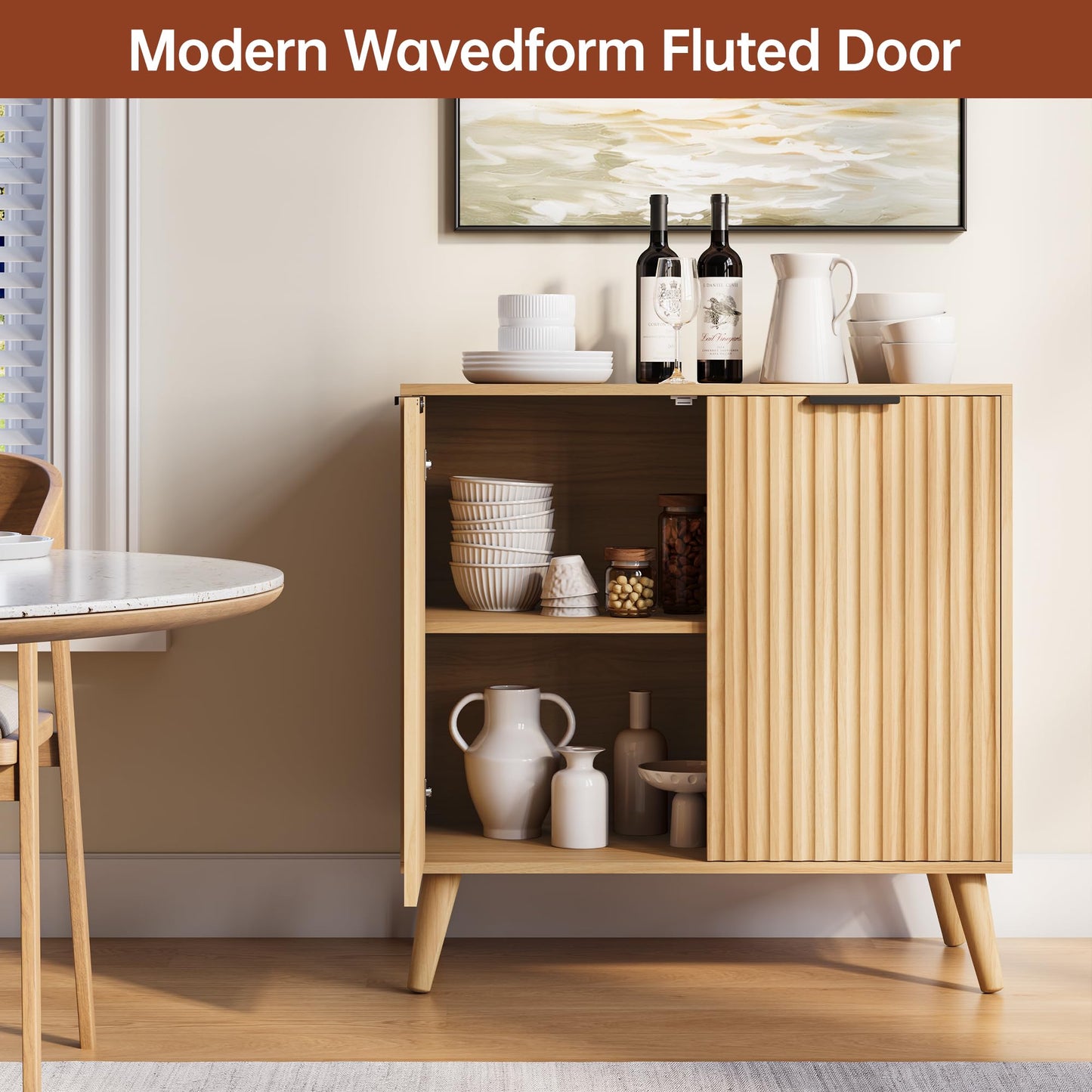 EPLICEMR Fluted Sideboard Buffet Cabinet with Storage, 2 Doors Modern Sideboard Cabinet for Living Room, Wood Coffee Bar Cabinets with Adjustable Shelves Accent Credenza for Kitchen, Entryway, Natural
