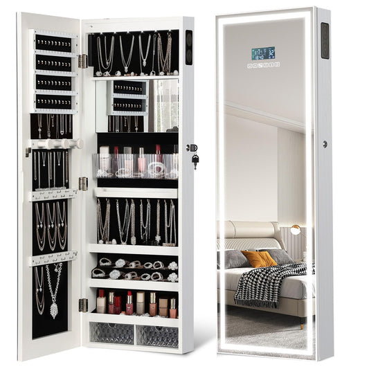 chaoguan LED Mirror Jewelry Cabinet with Bluetooth Speaker, Wall/Door Mounted Jewelry Organizer Armoire, Full Length Lighted Mirror with Jewelry Storage,Jewelry Box Standing for Women