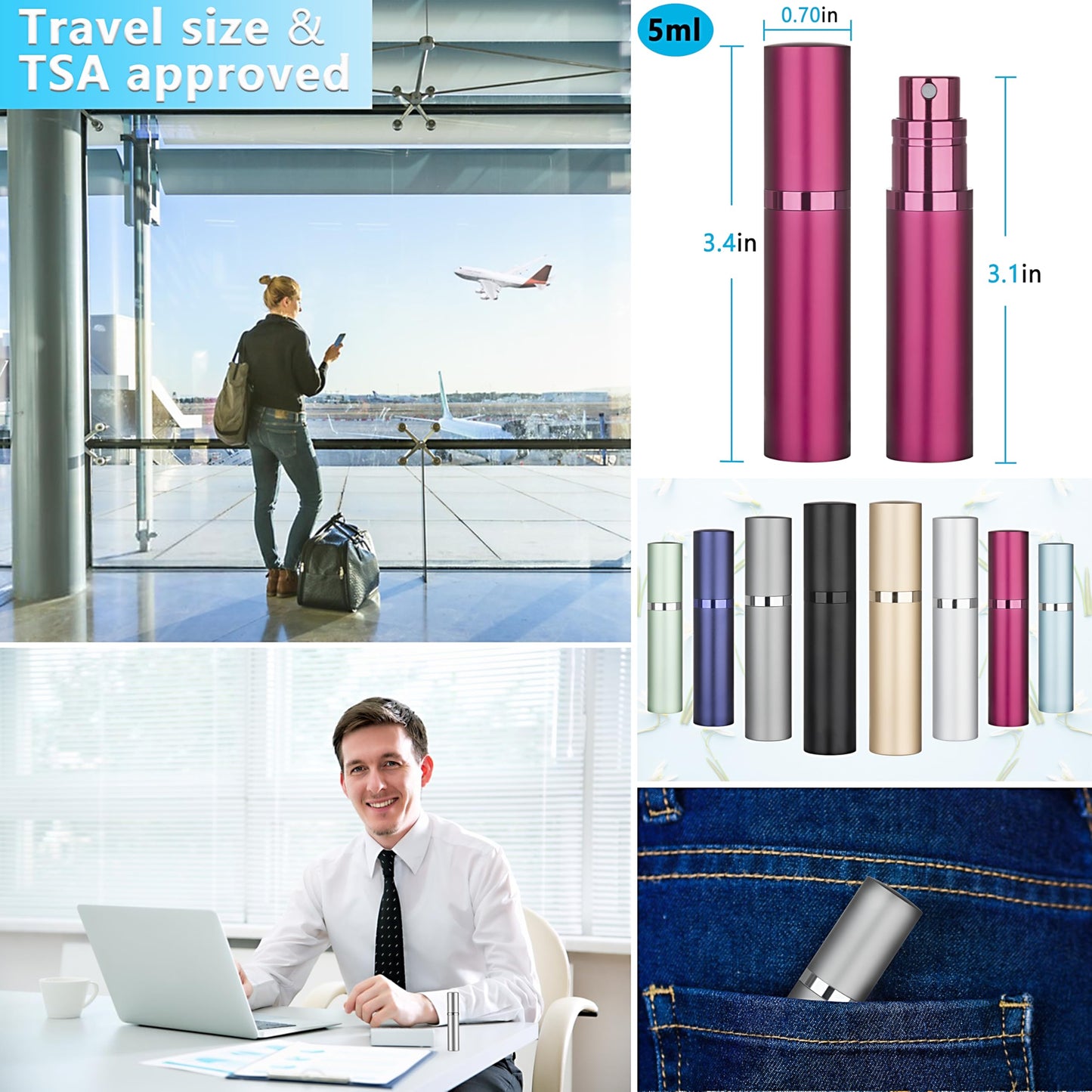 Qavhun Refillable Perfume Atomizer Travel Bottle 2-Pack 5ml Leakproof Luxury Travel Perfume Refillable Bottle, Portable Fragrance Atomiser (Black & Rose Red)