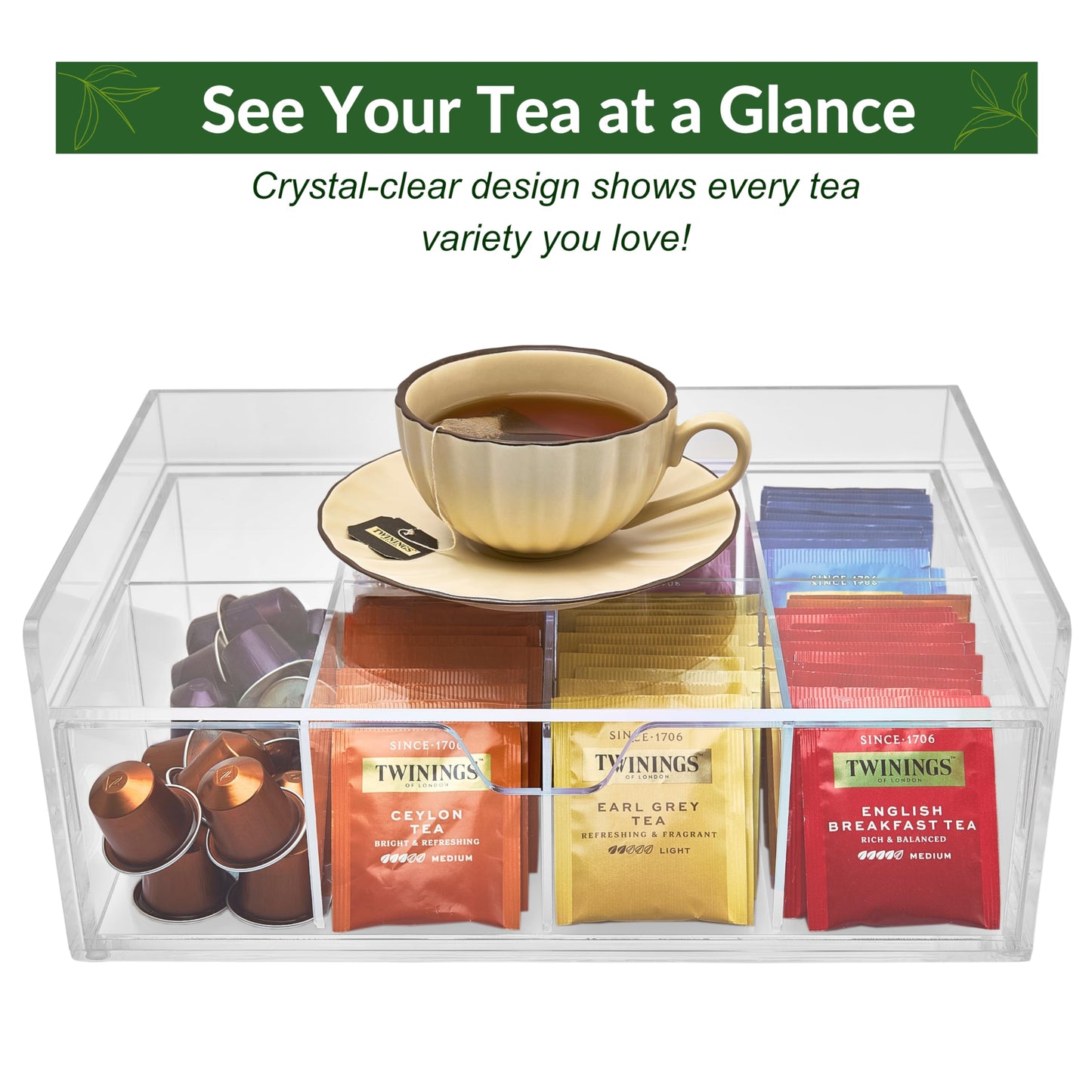 Meicloud Acrylic Tea Station Organizer for Countertop - Tea Bag Organizer Drawer, Clear Lucite K Cup and Coffee Pod Storage box with 8 Compartments, Tea Caddy Creamer Holder Display Stand