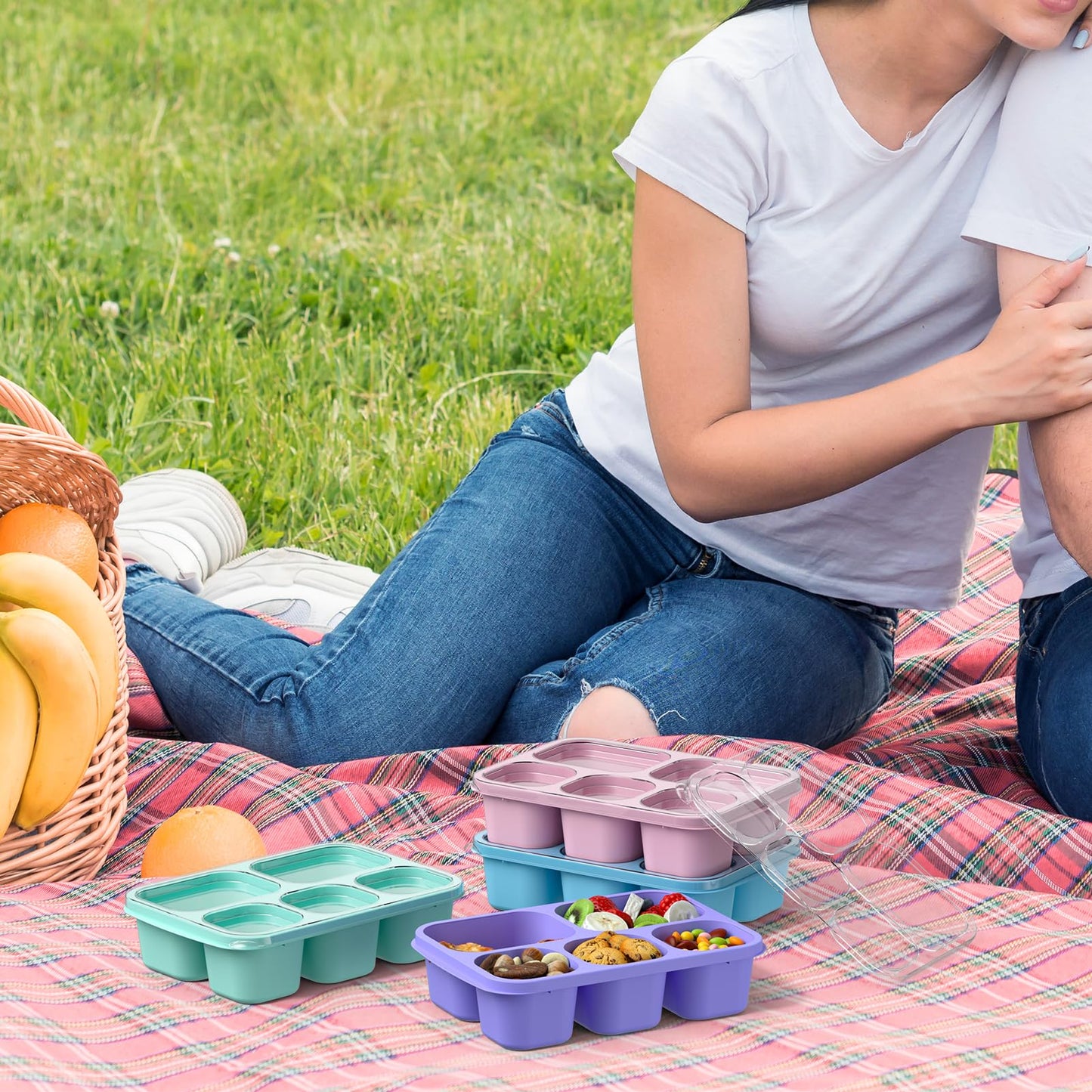 Bento Box Adult Lunch Box - 4 Pack, 5 - Compartment Meal Prep Container for Kids, Reusable Food Storage Snack Containers - Stackable for School, Work, and Travel (PP(Blue/Pink/Green/Purple))
