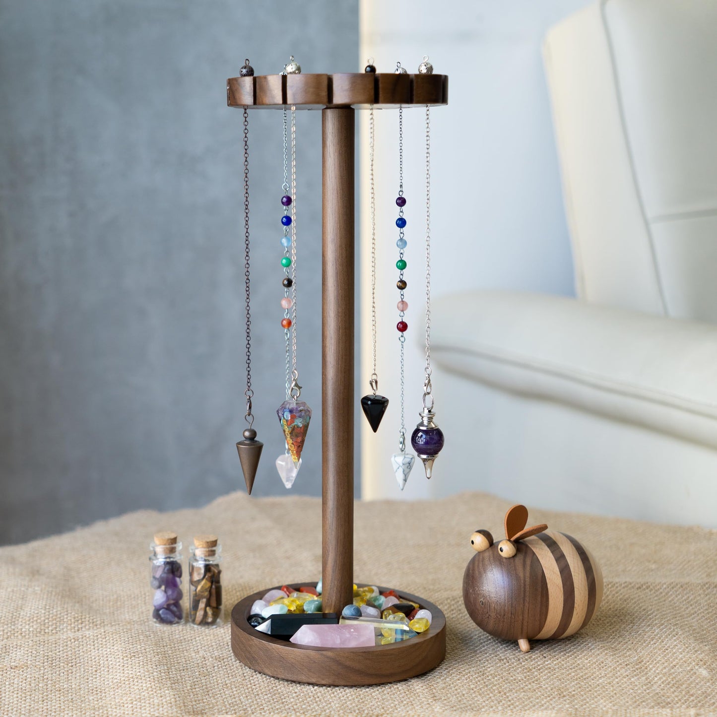 Kihomi Crystal Pendulum Stand with Tray - Walnut Moon Phase Round Crystal Display Holder up to 16 Pendulums and Healing Stone Rack, Wood Aesthetic Witchy Decor Ideal Witchcraft and Wiccan Supplies for