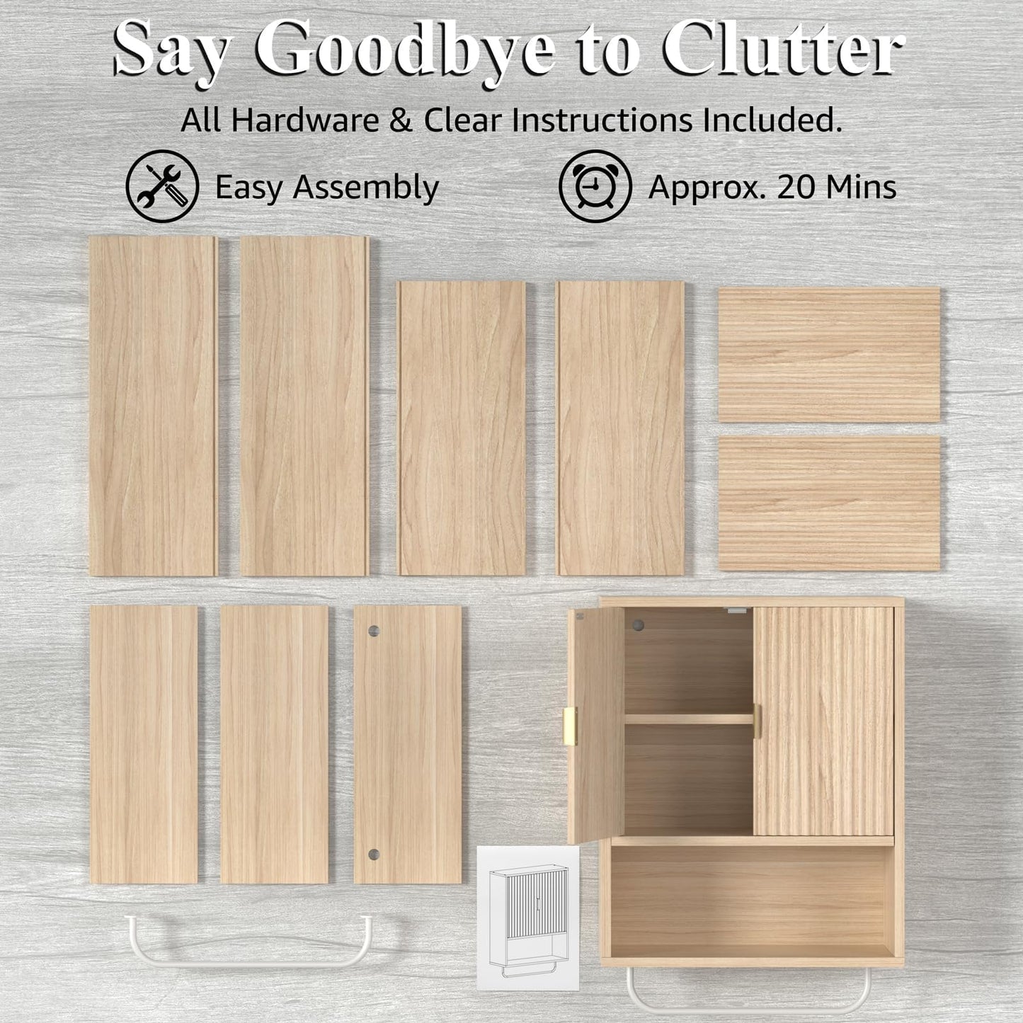 Bathroom Wall Cabinet No Mirror – Fluted Wood Medicine Cabinet with Towel Bar, Surface Mount Storage Organizer Over Toilet, Rustic Farmhouse Hanging Cupboard with Doors for Over Sink (Natural Oak)