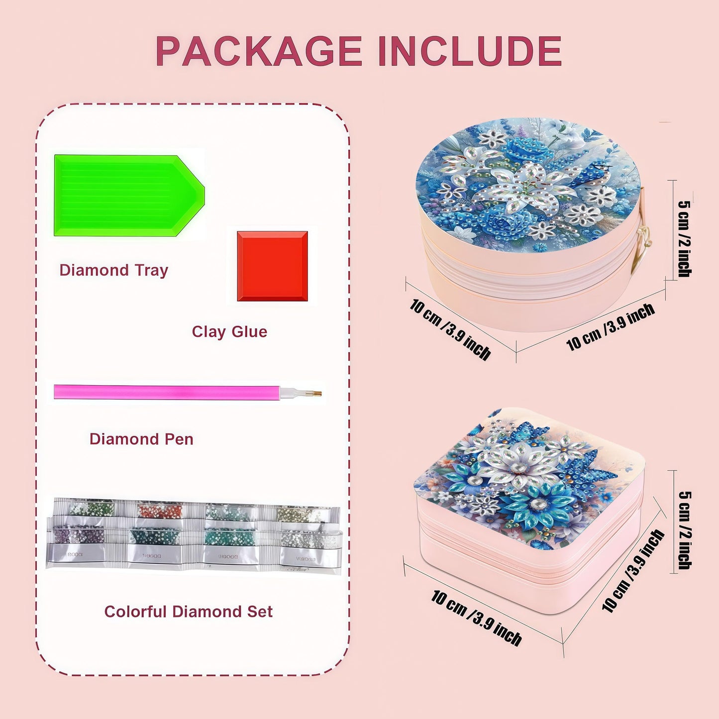 DDGYP 2 Pack Diamond Painting Jewelry Storage Box, Diamond Art Kits for Adults, PU Leather Portable Travel Small Jewelry Organizer Case 3.9×3.9×2 Inch