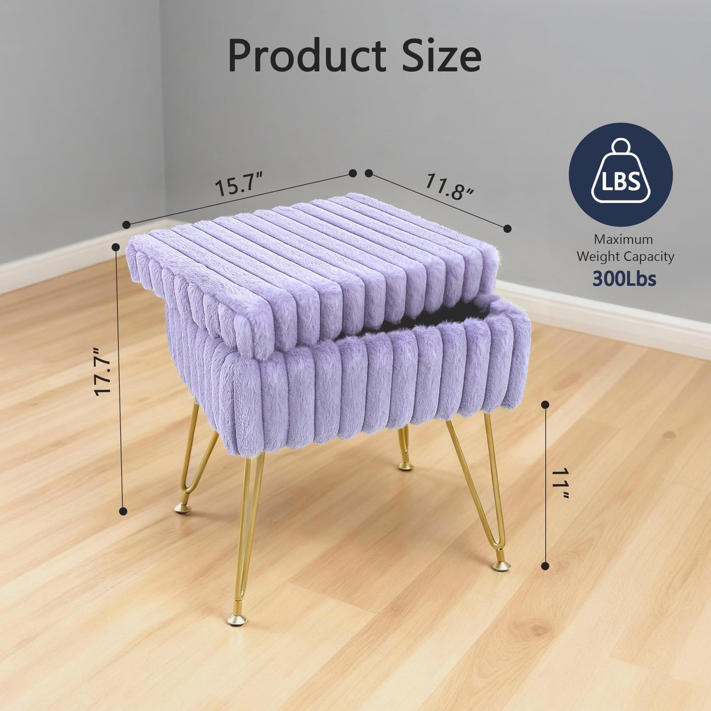 xupersodys Vanity Stool Chair with Storage, Faux Fur Soft Padded Ottoman with Coffee Table, Modern Vanity Chair Fluffy Footstool with Metal Legs for Makeup, Living Room,Bedroom Purple
