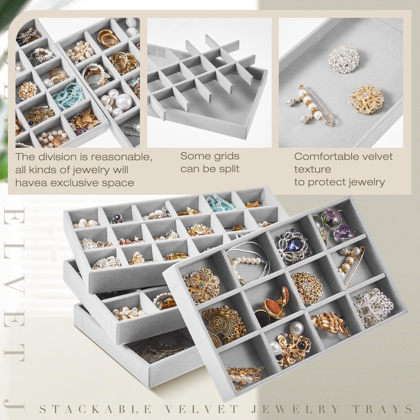 Junkin 12 Pcs Jewelry Tray Velvet Stackable Jewelry Organizer Trays Divided Earring Accessories Storage Containers Box(Gray)