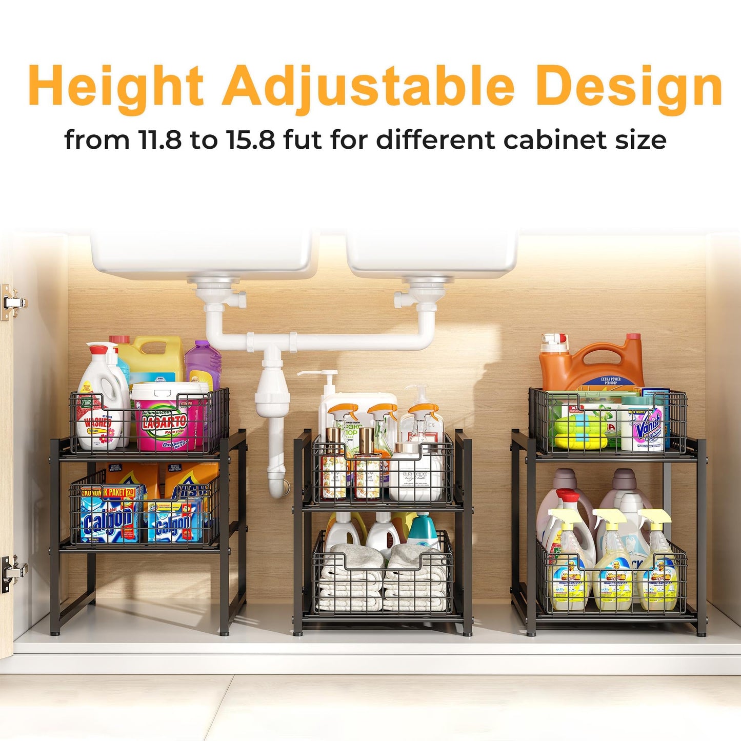 SILUB Under Sink Organizer, 2-Tier Pull Out Cabinet Organizer, Adjustable Height Bathroom Organizer and Storage, Spice Rack for Kitchen, Sliding Drawers Shelves 13.8×11×15.8 Inch (1 Pack)