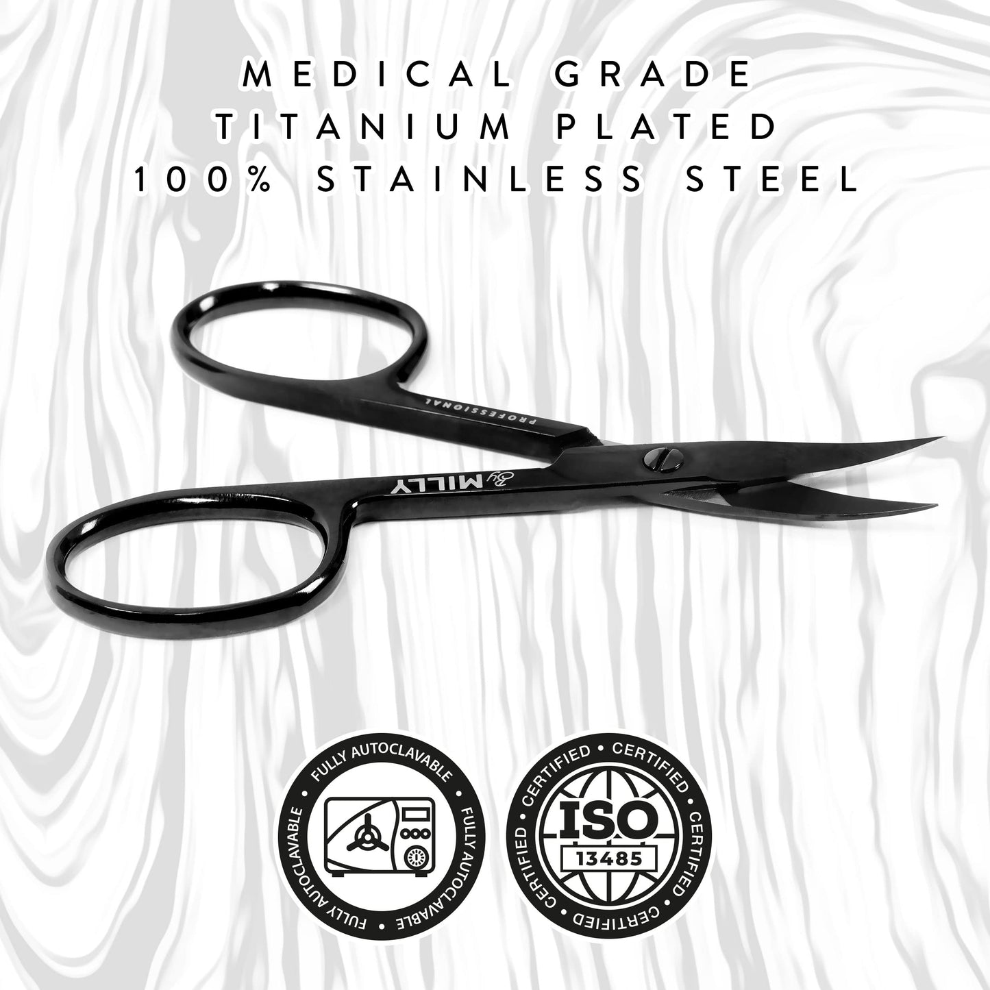 By MILLY Professional Nail Scissors | High Carbon Stainless Steel | Manicure | Razor Sharp Curved Blade for Women - 100% Stainless Steel Beauty Scissors for Nails (Black)