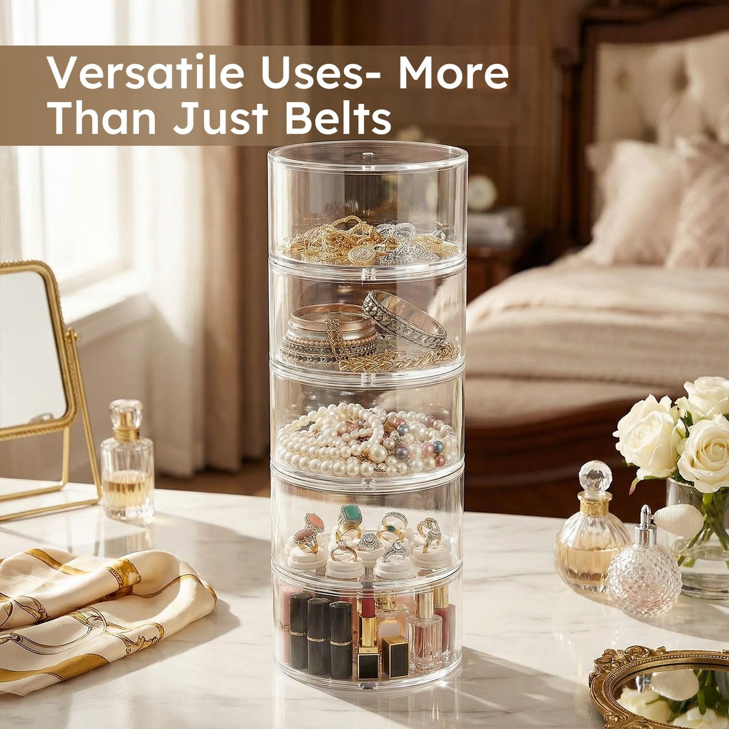 FEMELI Belt Organizer, Acrylic Belt Storage Holder for Closet & Drawer, 4-Layers Stackable Display Case for Belts, Watches, Jewelry and Ties