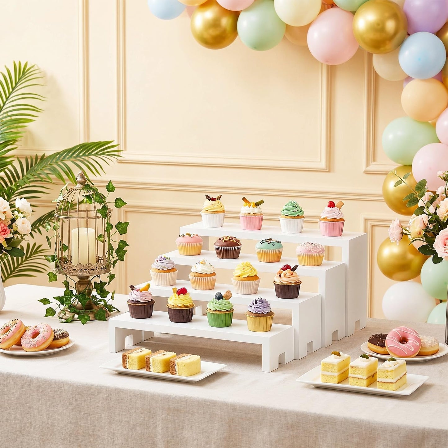 2 Set Large White Display Risers Wooden Tiered Risers Stand 4 Tiered 8Pcs Wood Display Riser Set Layered Aesthetic Shelves Stackable Wooden Cupcake Stand Racks Cupcake Stands Perfume Displays Stands