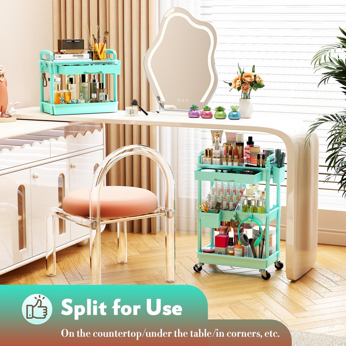 SUNALLY Makeup Cart Organizer with Drawers, Floor Skincare Organizers Vanity Storage Organizer, Rolling Makeup Bathroom Storage Cart Cosmetics Display Cases for Skin Care Perfume Nail Polish, Blue