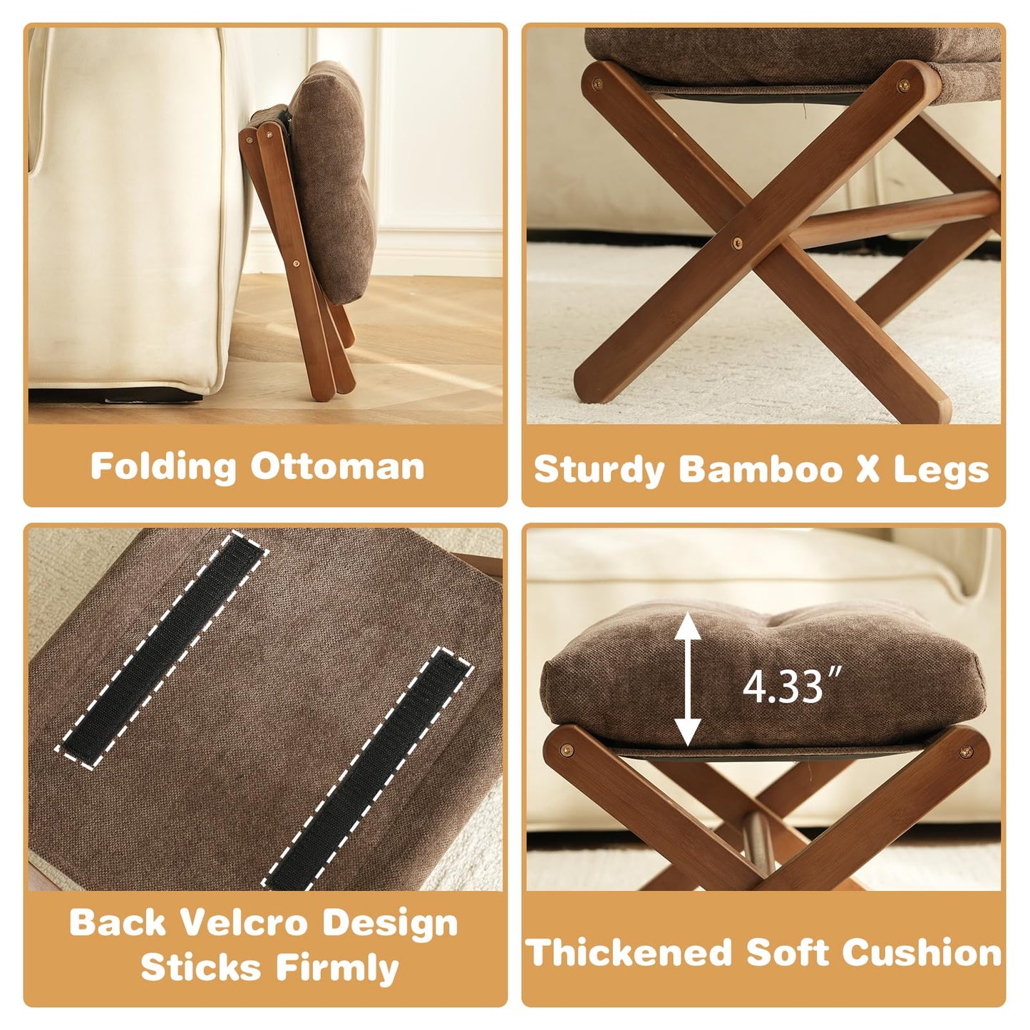 Baveke Ottoman Foot Rest- Bamboo Foldable Stool, Foot Stools Small Ottman with Upholstered & X Legs, Folding Stool for Makeup, Bedroom and Living Room, FSC-Certified (Small Brown)