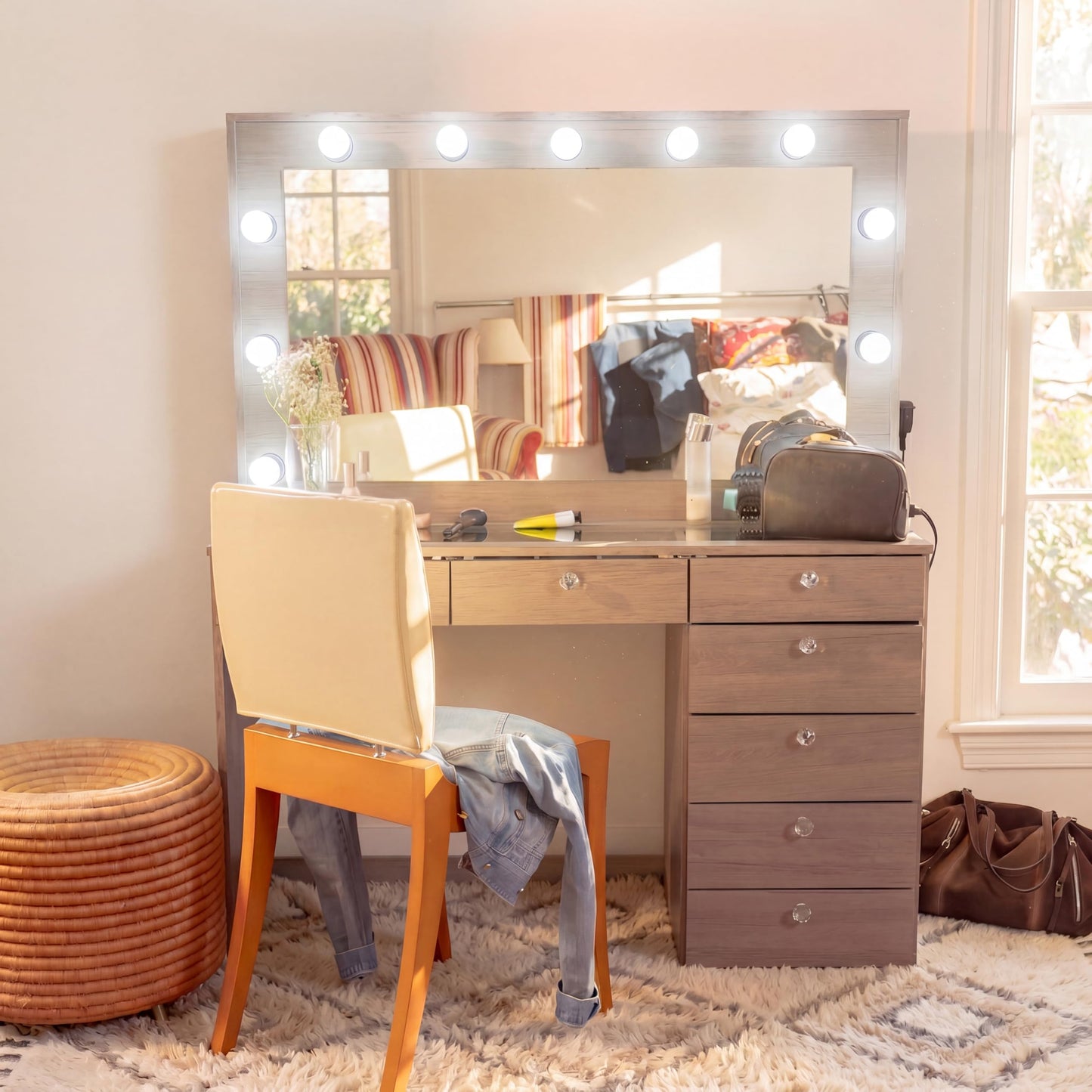 Boahaus Luna Vanity Desk with Framed Bulb Mirror – 7 Drawer Integrated Makeup Station (Greige, Bulb Mirror)