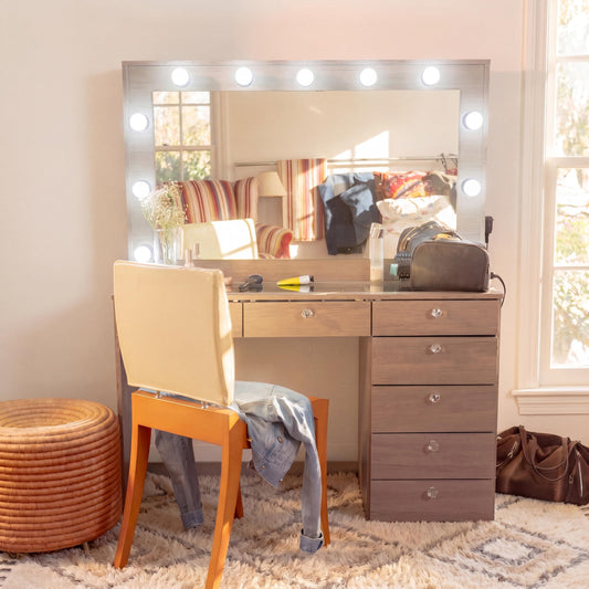Boahaus Luna Vanity Desk with Framed Bulb Mirror – 7 Drawer Integrated Makeup Station (Greige, Bulb Mirror)